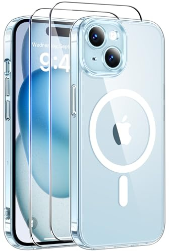 Qasyfanc Magnetisch Hülle für iPhone 15 mit 2 Schutzfolie, Vollständiger Kameraschutz, Handyhülle Kompatibel mit MagSafe, Anti-Vergilbung Rückseite Schutzhülle Kratzfest Stoßfest Case Transparent