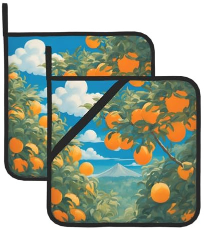 Viele große Orangen, 2-teiliges Topflappen-Set, lustiges Ofenhandschuh- und Topflappen-Set zum Kochen, Grillen, Backen