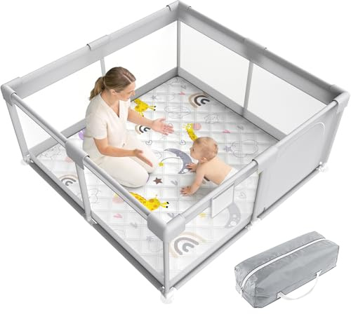 DAMNISS Laufstall Baby mit Matratze, 120 x 120 cm, Grau