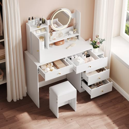 dowowdo Schminktisch Groß mit dimmbarer 3-Farben LED-Beleuchtung & Spiegel | Set inkl. Hocker, 5 Schubladen, Weiß, 90 cm breit, Vanity Table