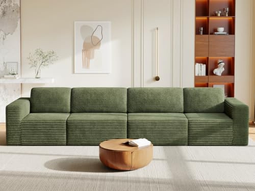 Vesgantti Modulares Cord-Ecksofa in Grün, 404 cm großes 4-Sitzer Sofa mit Federkern, extra tiefer Sitzfläche und beweglichen Modulen, Flexibles Design für große Wohnzimmer, Keine Montage erforderlich