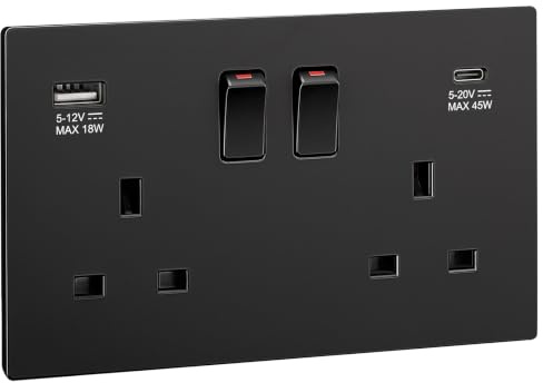 SURAIELEC 45W Black Double Socket with USB C, 2 Gang 13A DP Switched Plug | 45W PD fast charge, screwless double sockets, child safe, fits 25mm back box, premium matt black finish