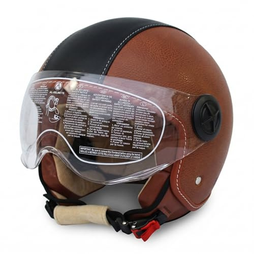 Casco Jet Moto con Doppia Visiera, Pelle/Nero, Visierino Parasole Integrato, Varie Taglie (L)