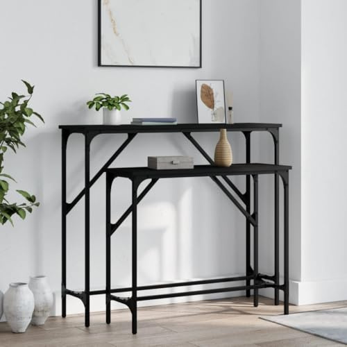 Vanitopaz Lot de 2 tables console noires en bois avec cadre en métal, pieds réglables, table d'appoint, table d'appoint, table de rangement pour salon, couloir, chambre à coucher, peu encombrant et