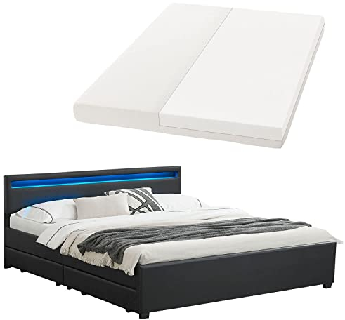 Juskys Polsterbett Lyon 180x200 cm mit Matratze, Bettkasten, LED Beleuchtung, Lattenrost & Kopfteil, schwarz, Bett Bettgestell Doppelbett Ehebett