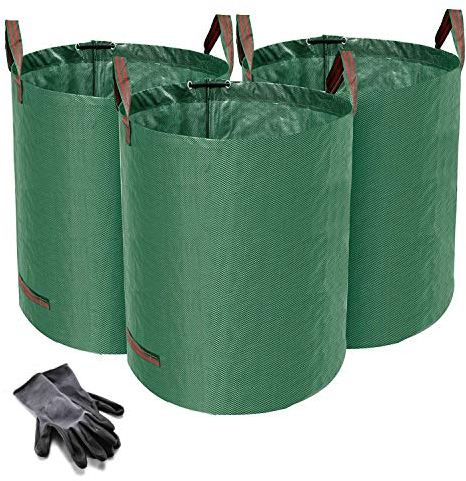 Heavy Duty Garden Waste Bags - 272 Litre - 3 Sacks - BONUS 1 Pair Gardening Gloves - Industrial Fabric and Handles - Green/Garden Waste Sacks, Reusable - Norjews
