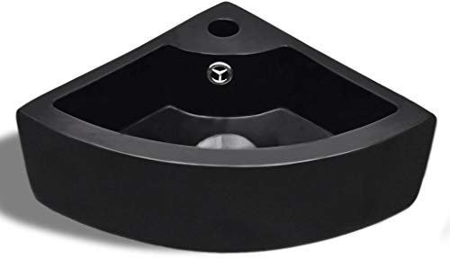 Festnight Lavabo da Bagno Aagolare Sospeso Salvaspazio in Ceramica Nera Foro di Trabocco e Supporto,Lavandino da Bagno Sospeso Angoalre 410 x 280 x 125 mm