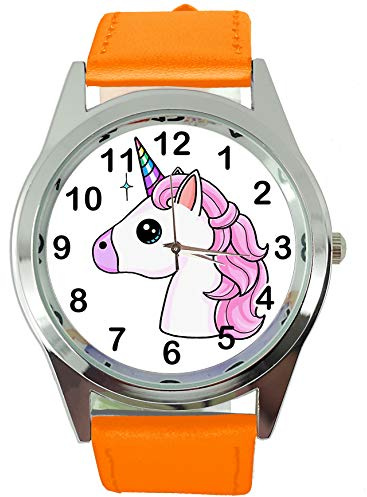 TAPORT® Womens Watch Analogue Quartz with Real Leather Band Orange Round Unicorn E3
