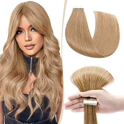 SEGO Haarverlängerung Tape Extensions Echthaar Klebeband 10 PCS Haarteile Glatt 100% Remy Haar Honigblond#27 16(40cm)-25g