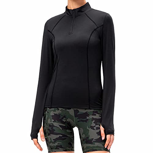 TERODACO Long Sleeve Running Top Womens Half Zip UPF 50+ Gym Hiking Workout Base Layer Women Sports Tops with Thumb Holes Breathable Quick Dry Lightweight 12521 Black M