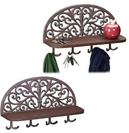 Relaxdays Porte-manteaux mural étagère, lot de 2, tablette clés, planche bois 4 crochets, double patère, 23 x 39 x 11,5 cm, brun