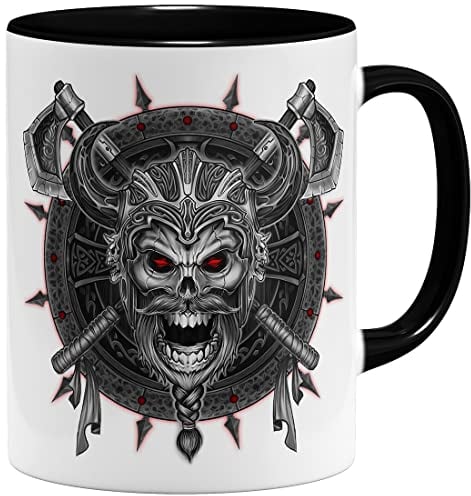 OM3® Totenkopf Wikinger Tasse Skull Head | Keramik Becher | 11oz 325ml | Beidseitig Bedruckt | Schwarz