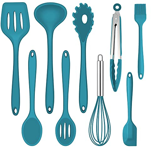 Küchenhelfer Set, Joyfair 9 Stück Silikon Küchenutensilien, Hitzebeständiges Kochutensilien Kochgeschirr Set mit Pfannenwender Schneebesen Grillzange, Antihaft Kochbesteck zum Kochen & Backen-Blau