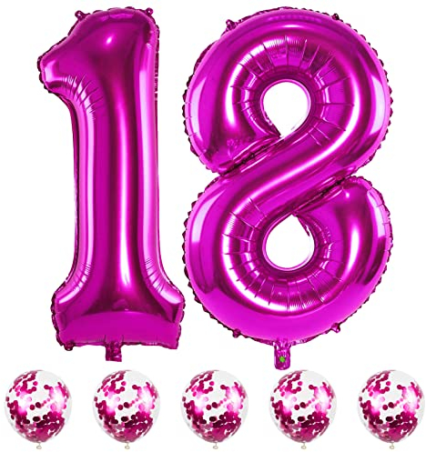 Hot Pink Number 18 Balloons and Confetti Balloons, 40 Number 1 and 8 Mylar Foil Balloons Self Inflating, 18th 81st Birthday Balloons Set for Girls Women Birthday Anniversary Party Decorations