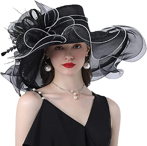 AHDMR Capeline Femme de Mariage en Organza - Chapeau Élégant à Large Bord Anti-Soleil/UV pour Cérémonie, Église, Mariée - Enroulable pour Plage, Voyage, Soirée