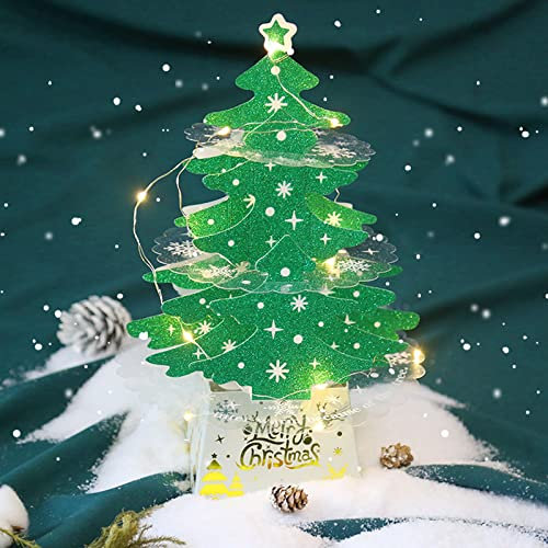 GLAITC Weihnachts Pop Up Karte,Grüner Weihnachtsbaum 3D Pop Up Karte mit LED-Schnur Handgefertigte Weihnachtskarten mit Umschlägen für Weihnachtsdekorationen für den Winterurlaub