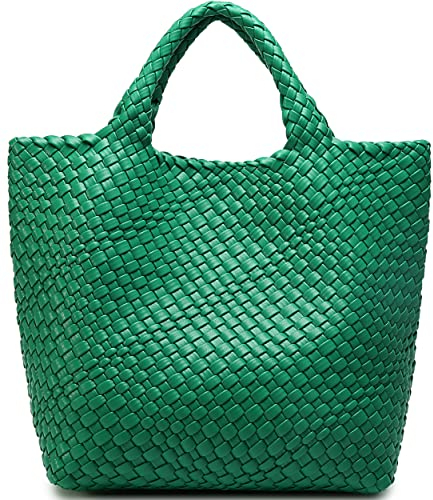 Gewebte Tasche für Damen, veganes Leder, Tragetasche, Sommer, Strand, Reisen, Handtasche und Geldbörse, Retro-Stil, handgefertigte Umhängetasche, groß, Grün (Forest Green), Large