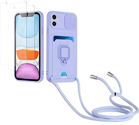 Kaslly Cordon de Coque Compatible avec iPhone XS Max+[2 Pièces Verre Trempé],Couvercle Coulissant de la Caméra+Support Annulaire à 360 Degrés,Fentes pour Cartes-Violet