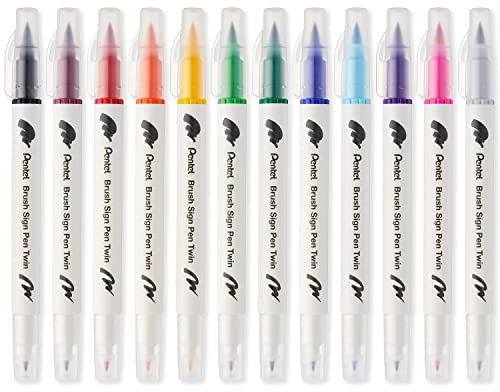 Pentel SESW30C Brush Sign Pen Twin Fasermaler - Doppelendig - Essential 12 Stück - Schwarz, Dunkelrot, Rot, Orange, Gelb, Hellgrün, Grün, Blau, Himmelblau, Violett, Rosa und Silbergrau