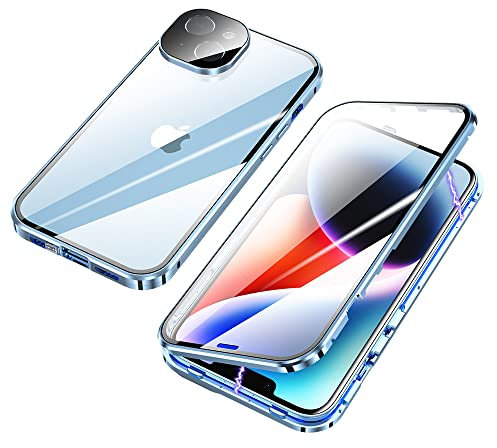 ksscaly Case for iPhone 14 Plus, 360 Degree Full Body Protection with Safty Lock Magnetic Adsorption Metal Bumper Front and Back Tempering Glass Cover for iPhone 14 Plus (6.7 inch) (Blue)