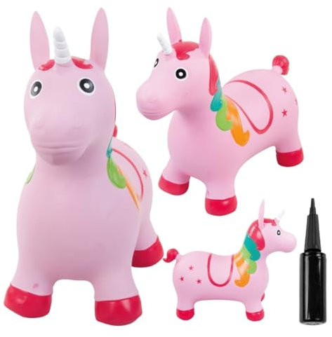 sun baby Hüpftiere ab 1 Jahr mit Pumpe aufblasbares Hüpfspielzeug aus Hochwertigem und Strapazierfähigem Gummi, Verschiedene Designs (Rosa Einhorn mit Weißem Horn)