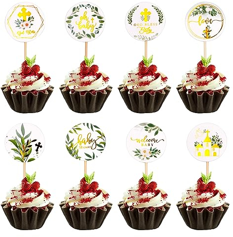 48 Stück Taufe Cupacake Topper Kommunion Torte Topper Cupcake Toppers Willkommen Baby Shower Tortendeko Taufe Kommunion Kreuz Taube Blume Zweig Konfirmation Tortendeko für Kuchen Dessertdeko(48)