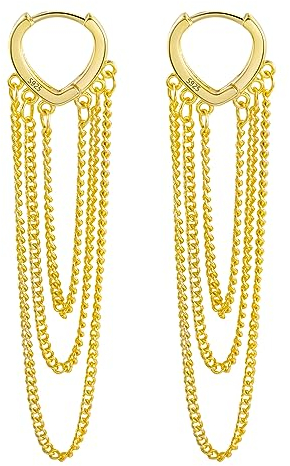 Ohrringe Gold Creolen Kette Damen, Silber 925 Creolen 14K Vergoldet Ohrringe Kette Boho Creolen Kleine mit Kette, Anhänger Ohrringe Gold Vintage Creolen mit Ketten