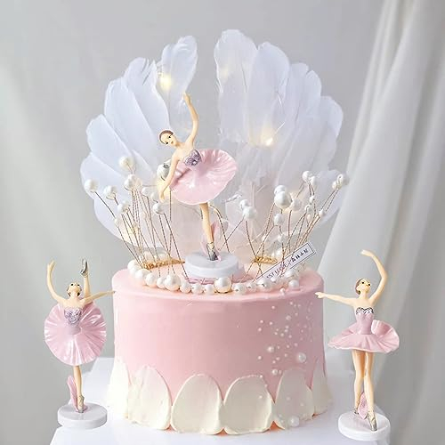 5 Pcs Ballet Girl Birthday Cake Decoration Pearl Crown Cake Topper Feather Wings Girl Cake Topper for Wedding Party Girls Birthday Cake Decoration