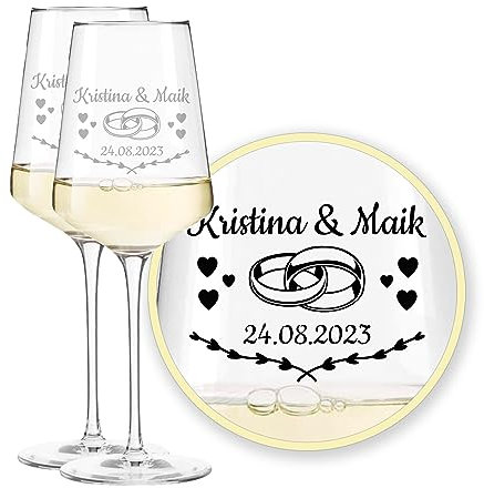 LALALO Leonardo Hochzeit Weingläser Geschenk-Set (2 St.) mit Gravur, Serie Puccini, Brautpaar Präsent zum Hochzeitstag – Weinglas personalisiert als Hochzeitsgeschenk