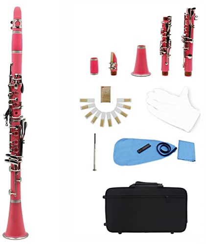 Professionelle Klarinette Klarinette ABS 17. Key BB-flache Fernglasklarinette Mit Reinigungstuchhandschuhen 10 Schilf/Gehäuse Klarinette (Color : Pink)