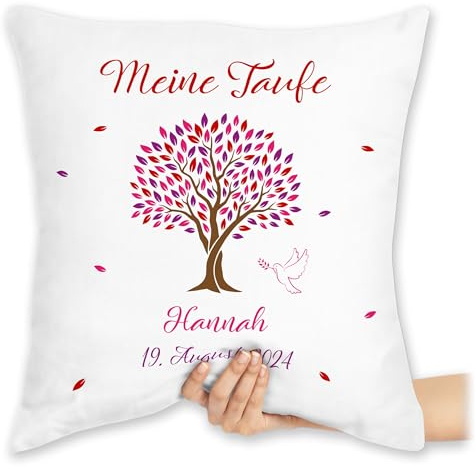 Kissen 40x40 Zierkissen - Meine Taufe Lebensbaum mit Name personalisiert I Taufgeschenk Mädchen Taufgeschenke Patenkind - 40 x 40 cm - Weiß - für taufkissen konfirmation Taufe kissenhülle
