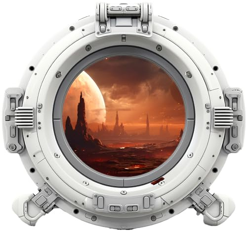 Wandtattoo Bullauge mit Roter Planet Fenster in andere Welt Portal Schiffsfenster Kinderzimmer Wandaufkleber (30x28cm Roter Planet)