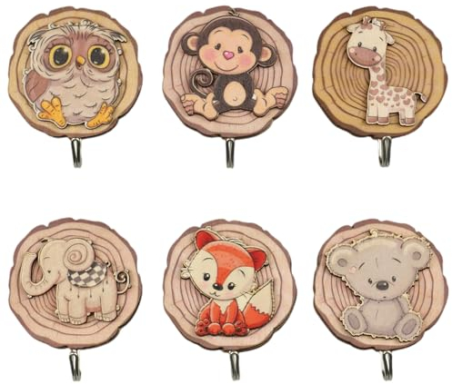 Zfseyuh Porte Manteau Enfant, 6 Pièces Crochet Adhésif Mural Enfant, Patere Enfant Bois Animaux Sans Percage pour Fille Garcon pour Chambre Salle de Bain Cuisine