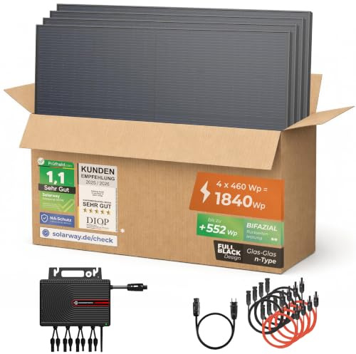 Solarway® 1760Wp / 2000-800W de puissance pour balcon - kit complet avec prise de courant - nouveau convertisseur 2000 W - kit complet d’installation solaire - modules solaires bifaciaux de 440W