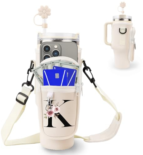 Initial Personalized Water Bottle Bag for Stanley 40oz Tumbler,with Phone Pocket,Neoprene Water Bottle Carrier with Adjustable Strap and Straw Cover & Carabiner,for Stanley Cup Accessories (K)