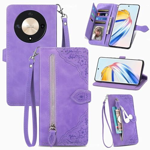 Fertuo Cover per Honor Magic 6 Lite, Custodia a Libro in Pelle PU Flip Case con Porta Carte, Chiusura Magnetica e Cinturino [Disegni di Fiori] Portafoglio Antiurto per Honor Magic 6 Lite, Viola