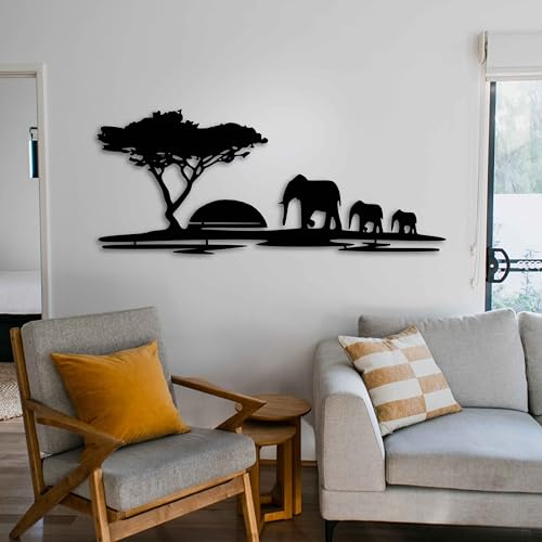 KAWA METALWORKS Baum und Elefanten, Metall-Wandkunst, afrikanischer Baum und Elefanten, Natur-Wanddekoration, Wildtier-Skulptur, Sonnenuntergang, Metall-Behang