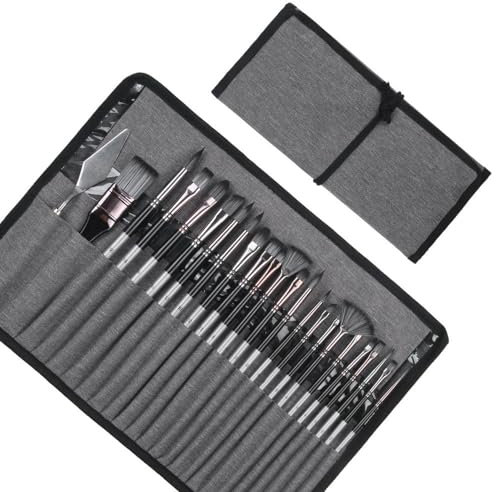BRAVECOW 24 Pcs Paint Brushes Set, Art Professional Synthetic Brushes with Cloth Roll Palette, Adults Kids Beginners Drawing Tool for Oil Acrylic Gouache Watercolor