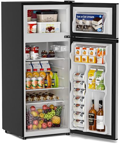 Tehanld - Double Door Refrigerator with Freezer, 4.5 Cubic Feet Small Fridge with Freezer, 7 Adjustable Temperature Settings, Mini Fridge for Office and Apartment Bedroom