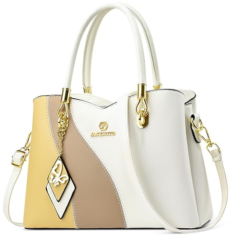 FOLOVEYA Handtasche Damen Mittelgroß, Elegante Henkeltasche PU Leder | Dreifarbiges Design Umhängetasche Damen, Schultertasche Damen Verziert, Stylische Tasche frauen für Reisen, Arbeit und Alltag