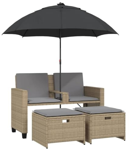 vidaXL Gartensofa 2-Sitzer Sonnenschirm und Hocker Beige Poly-Rattan