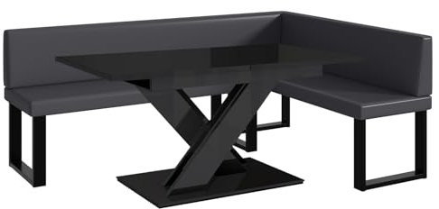 MEBLINI Eckbank für Esszimmer mit ausziehbarem Tisch - Küchenbank - Essecke - Sitzecke Küche - Toni - U-Beine 142x196x87cm Rechts - Grau Kunstleder/B Schwarz Hochgl.