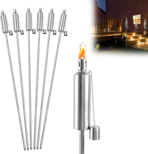 Aufun 6 Edelstahl-Gartenfackeln, 115 cm hoch, rostfrei mit Kindersicherung, geeignet für Garten, Terrasse, Camping, Outdoor Öl 330 ml, Öllampe mit Docht, tragbare Fackeln