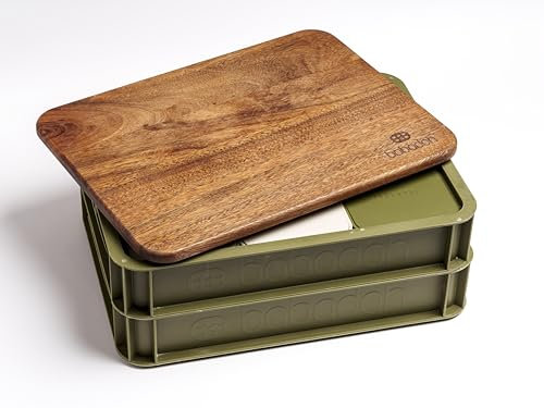 Babadoh Dough Trays & Walnut Board Set – Includes 2 Olive Green Durable, Stackable Trays & 1 Walnut Board – Versatile Storage & Serving Solution for Pizza Lovers – Home & Outdoor Adventures