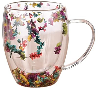 Dried Flower Glass Cup, Double Walled Glass Mugs, Glass Mugs for Hot Drinks with Handles, 350ml Glass for Home, Office and Coffee Shop