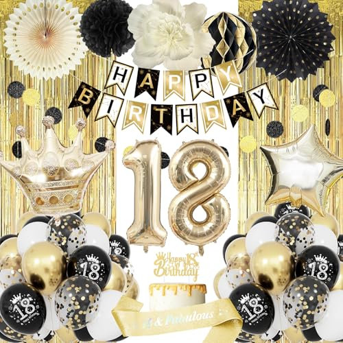 18 Geburtstag Deko, Happy Birthday Girlande, Ballon Schwarz Gold Deko, 18 Geburtstag Frau Männer Frauen, 18 Schwarz Gold mit Luftballons 18, Birthday Party Decorations