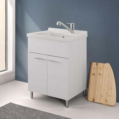 Mobile Lavatoio 60x50 Cm Rovere Bianco Moon Con Vasca In Ceramica Dolomite, Struttura Già Montata In Legno Nobilitato Con 2 Ante E Maniglie Cromo