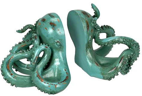 Aqua Green Octopus Buchstützen 2er Set - Küstennautische Polyresin Wanddekoration für Bücherregale, Büro, Schlafzimmer, Wohnzimmer, Strandhaus, Tier-Ozean-Thema, Filz-Pad-Füße, einzigartiges Geschenk