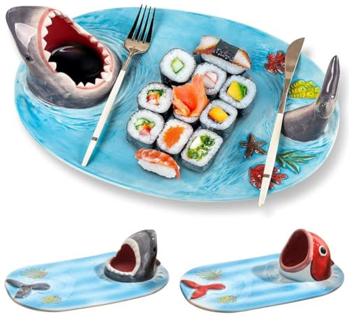 Blue Ceramic Shark Plate, Shark Sushi Plates, Funny Handmade Kitchen Salad Plates with Dipping Sauce Bowl, Ceramic Cute Japanese Blue Hand Painted Dinner Party Plates, for Microwave/Oven/Dishwashe