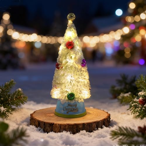 Mini Christmas Tree with Lights, White Artificial Christmas Tree, Small Xmas Trees with Light and Ornaments, Mini Xmas Trees for Bedroom Home Office Tabletop Decorations (25CM）